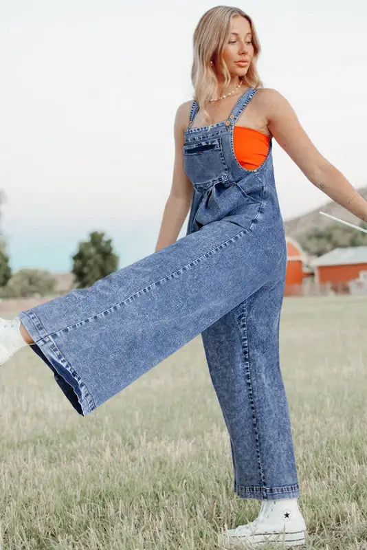 Washed denim wide leg overalls