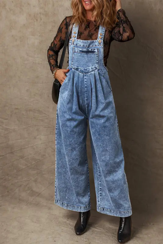 Washed denim wide leg overalls