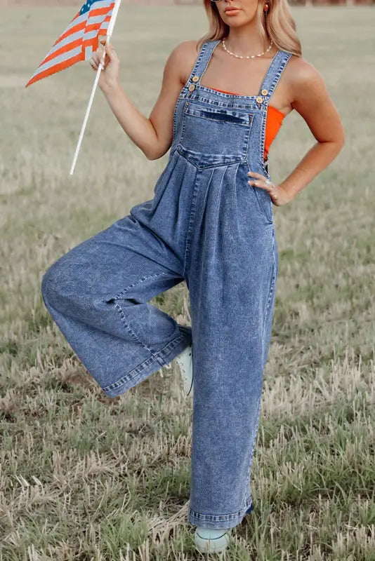 Washed denim wide leg overalls