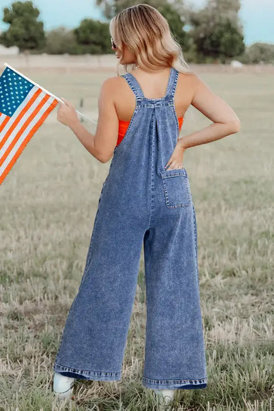 Washed denim wide leg overalls