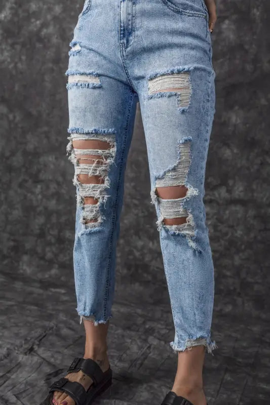 Sky blue acid wash distressed slim fit jeans - bottoms