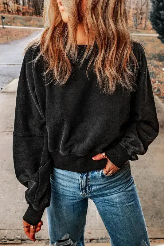 Side view of acid washed open back sweatshirt showing relaxed fit Fashionfitz UK