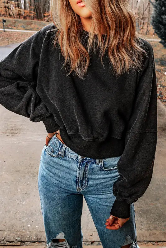 Black acid wash v-shape open back sweatshirt - tops