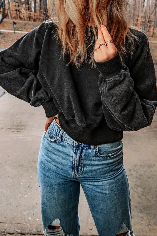 Black acid wash v-shape open back sweatshirt - tops