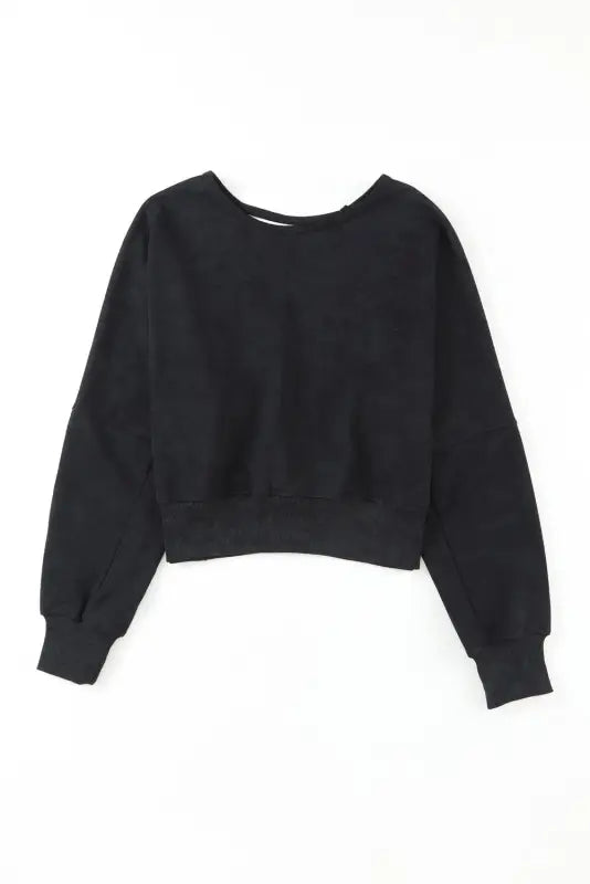 Black acid wash v-shape open back sweatshirt - tops