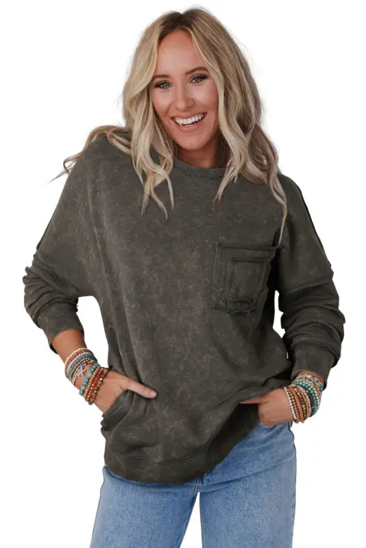 Gray acid wash drop shoulder long sleeve sweatshirt with pockets - sweatshirts & hoodies