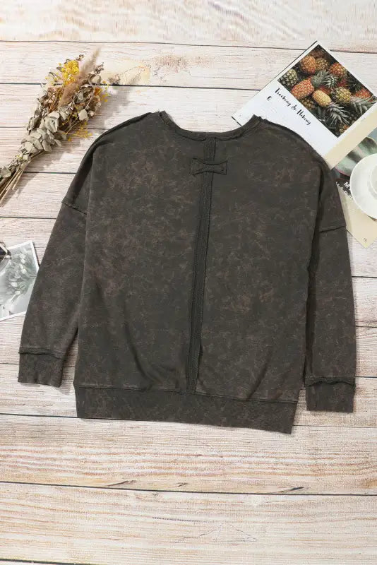 Gray acid wash drop shoulder long sleeve sweatshirt with pockets - sweatshirts & hoodies