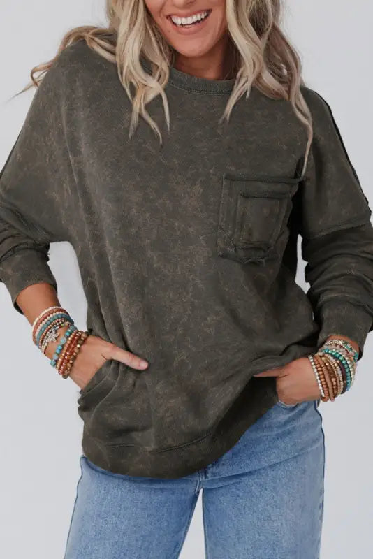 Gray acid wash drop shoulder long sleeve sweatshirt with pockets - s / 65% polyester + 35% cotton - sweatshirts &