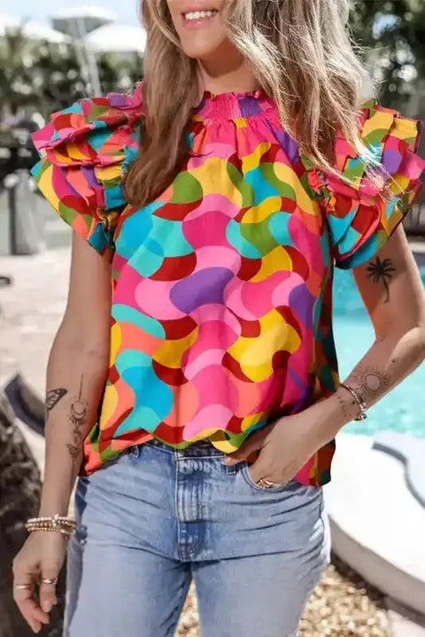 Multicolour abstract ruffle sleeve blouse front view — Fashionfitz UK