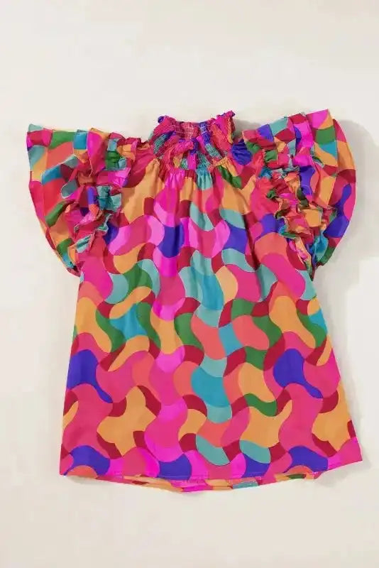 Side view of Multicolour Abstract Ruffle Sleeve Blouse showing dramatic ruffle sleeve cascade and lightweight drape — Fashionfitz