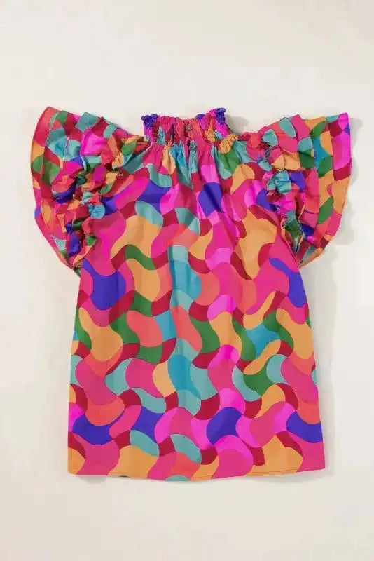 Close-up of Multicolour Abstract Ruffle Sleeve Blouse showing ruffle sleeve tiers and vibrant multicolour abstract print detail — Fashionfitz