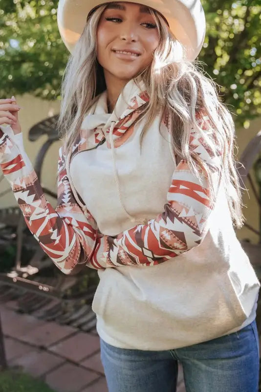 Western aztec print patchwork double hood hoodie - tops