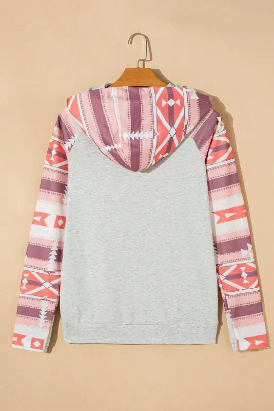 Western aztec print patchwork double hood hoodie - tops