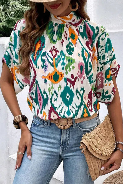 Western blouse - high neck bat sleeve - multicolour / s / 100% polyester - short blouses