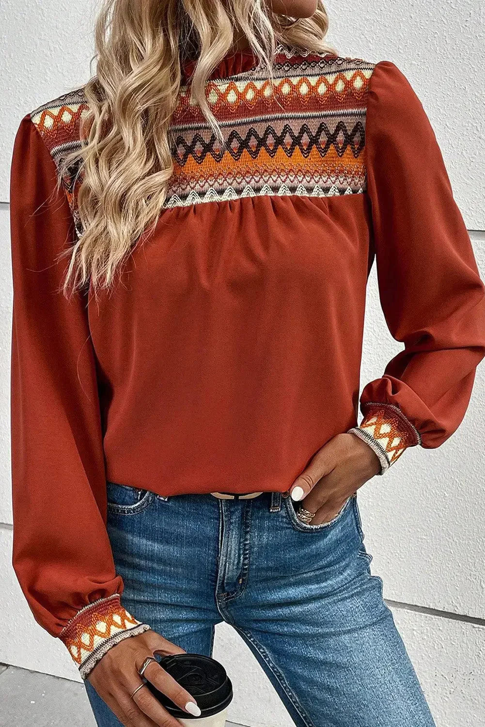 Western geometric print bubble sleeve frilled neck blouse - red clay / l / 100% polyester - blouses & shirts