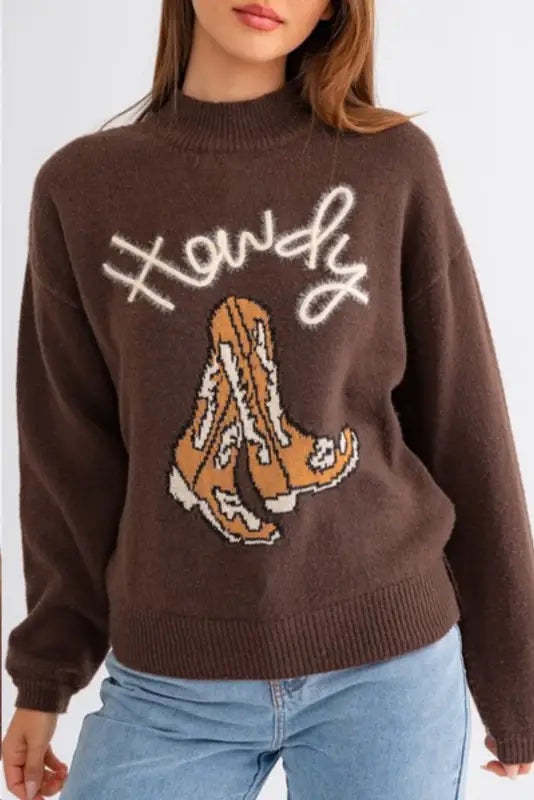 Western howdy boot graphic sweater - embrace the frontier spirit