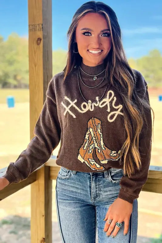 Western howdy boot graphic sweater - embrace the frontier spirit