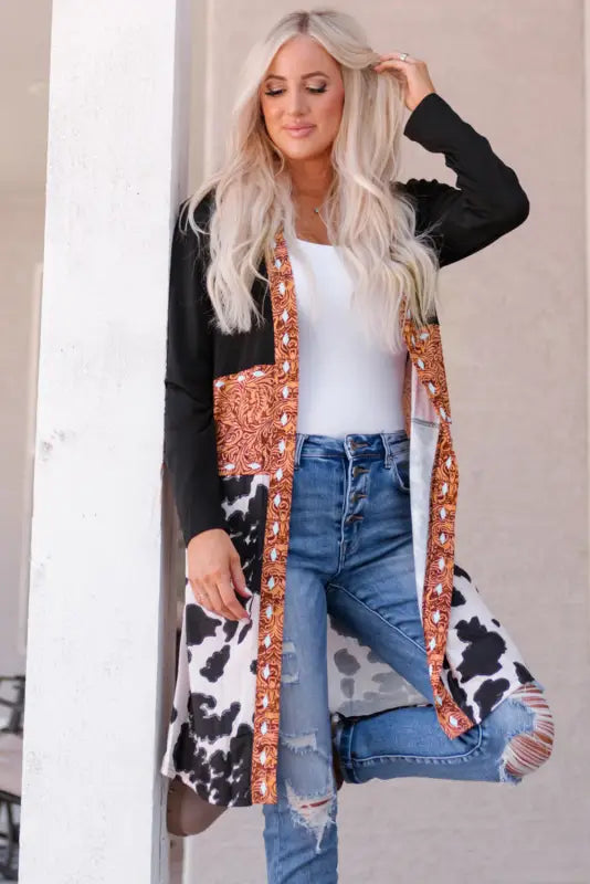 Black western pattern cow patchwork open front cardigan - sweaters & cardigans