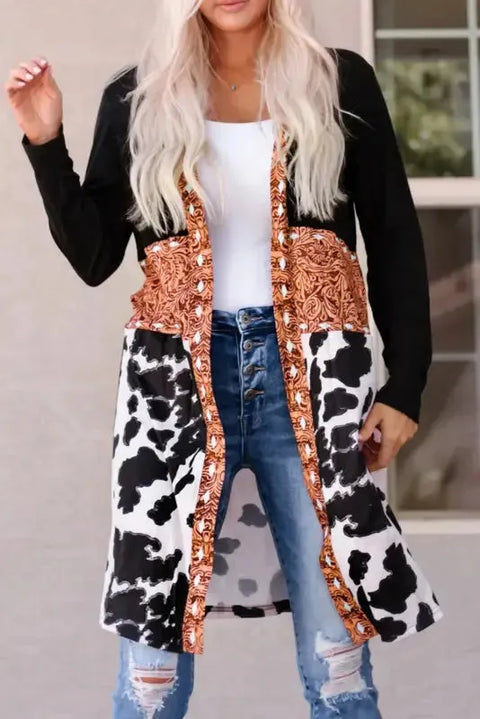 Western cow print patchwork open front duster cardigan front view — Fashionfitz UK