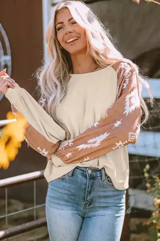 Casual Western Print Long Sleeve Top featuring puff Aztec sleeves and a beige body, perfect for daily wear in cooler seasons.