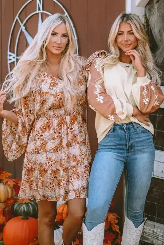 Western Print Patch Long Sleeve Top with Aztec sleeves styled with jeans and boots, perfect for casual Western-inspired outfits.