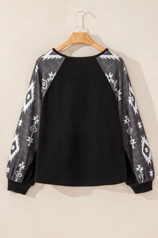 Western print patch long sleeve top - tops