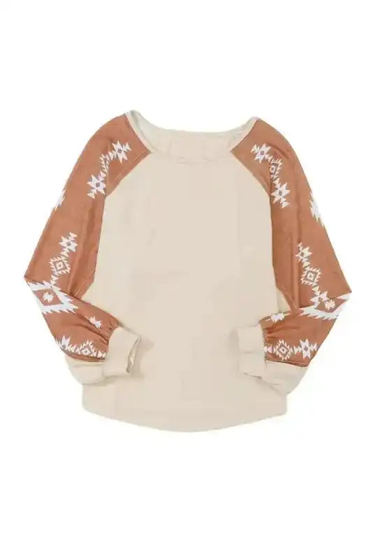 Western Print Patch Long Sleeve Top with beige body and brown Aztec print sleeves, perfect for casual Western-style winter outfits.