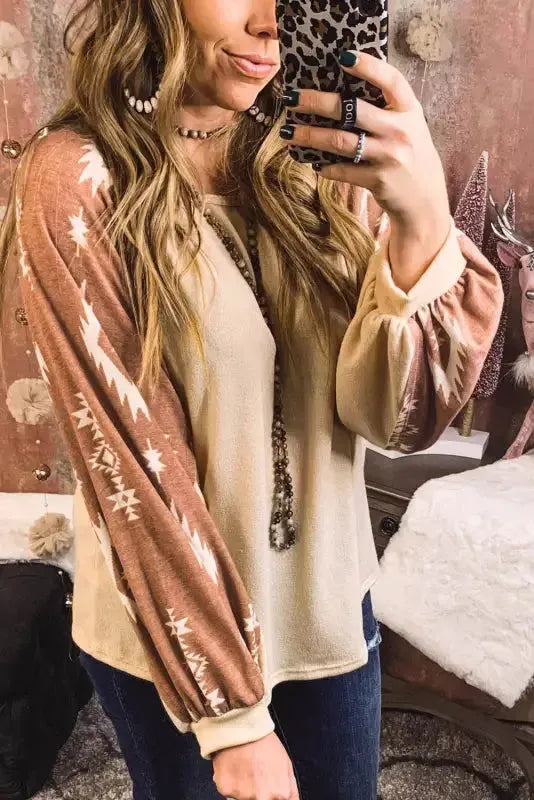 Western Print Patch Long Sleeve Top - Fashionfitz