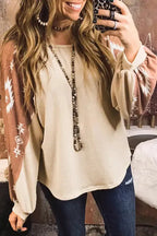 Western Print Patch Long Sleeve Top - Fashionfitz
