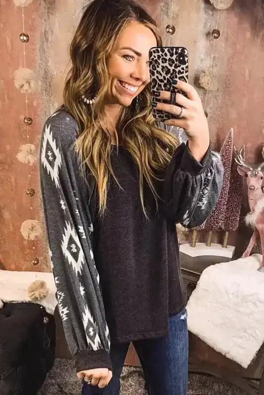 Casual Western Print Long Sleeve Top featuring fleece fabric and bold Aztec sleeve design, ideal for daily winter wear.