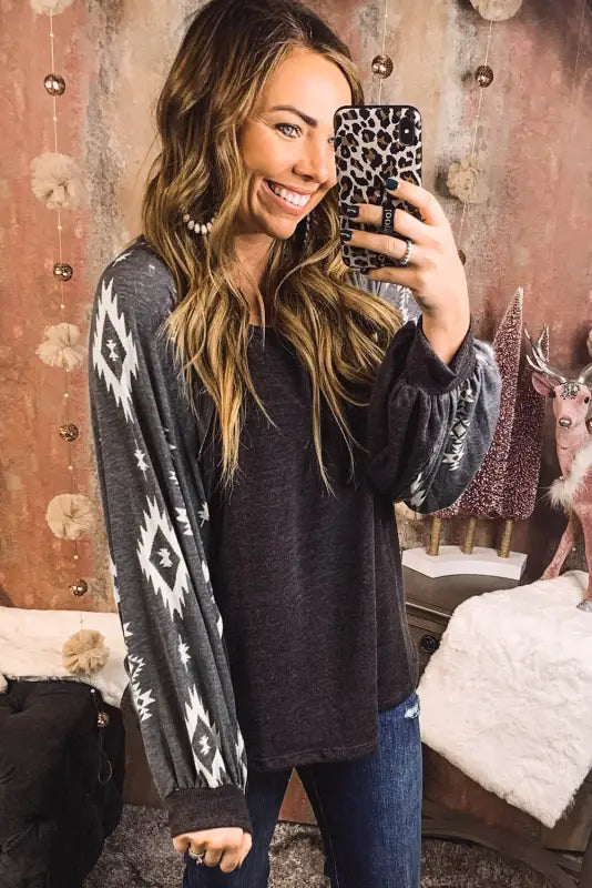 Western print patch long sleeve top - tops