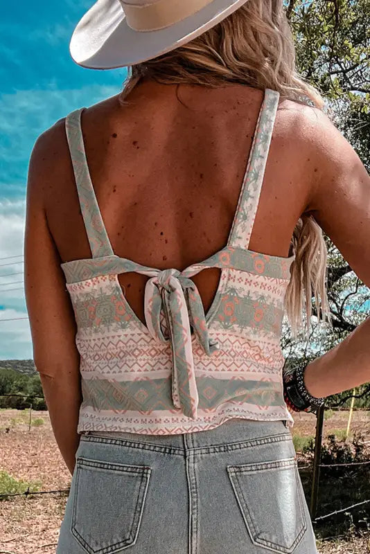 White western fashion print tie back spaghetti strap tank - tops