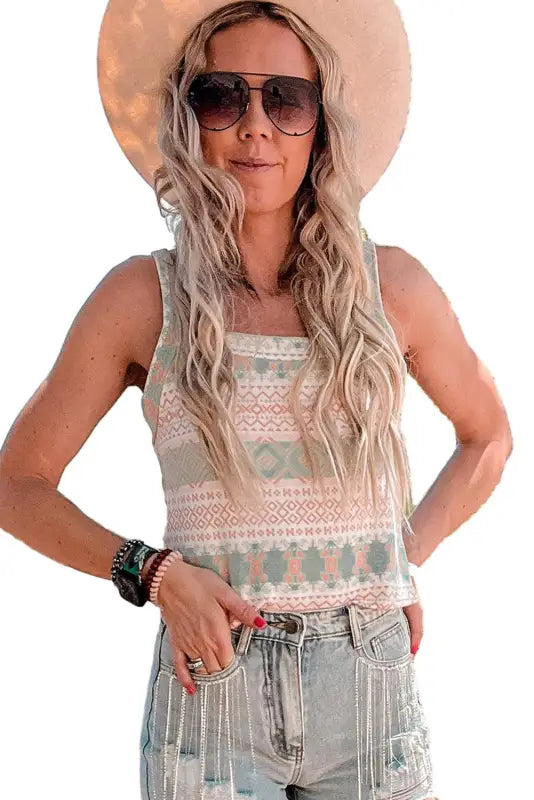 White western fashion print tie back spaghetti strap tank - tops