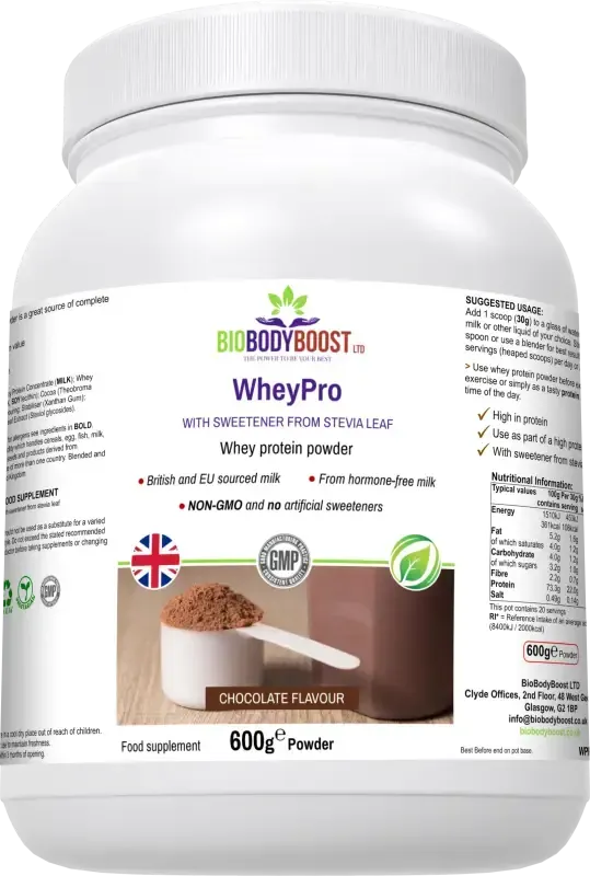 WheyPro Chocolate front-angle view — indulgent chocolate protein powder for daily muscle support, BioBodyBoost UK