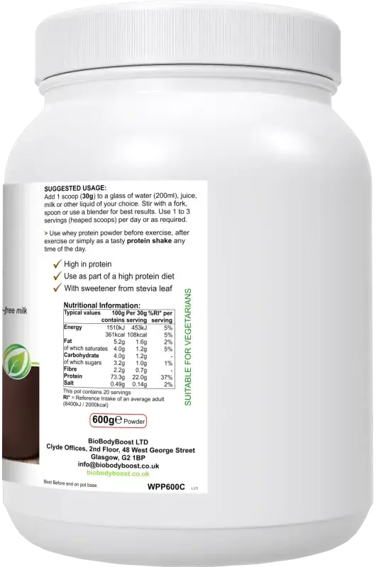 Back label of WheyPro Chocolate showing protein content, amino acid profile and nutritional information per serving