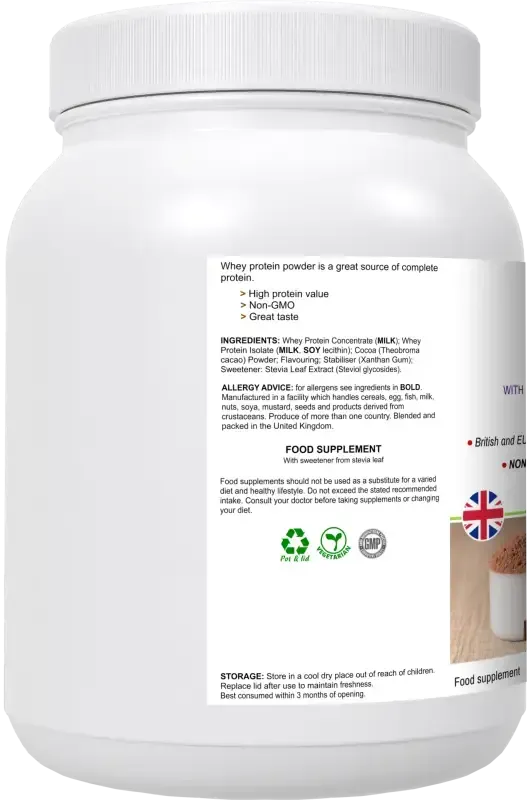 WheyPro Chocolate angled view — rich chocolate whey protein for muscle growth and post-workout recovery, BioBodyBoost UK