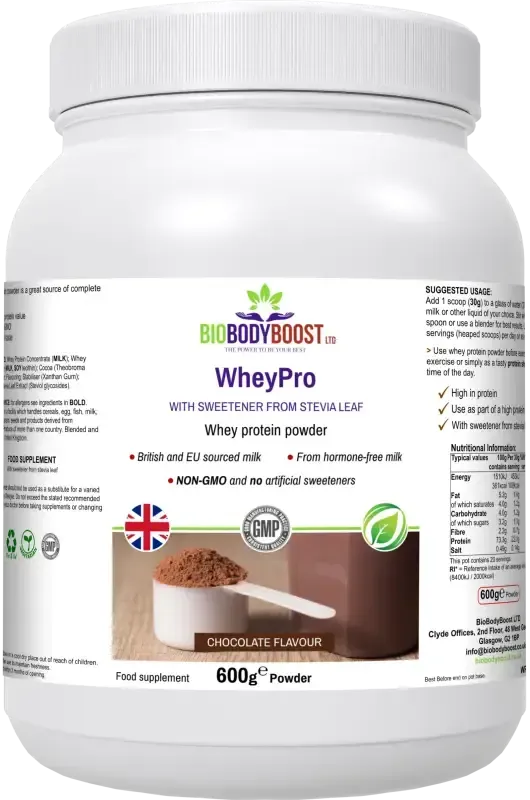 WheyPro Chocolate Whey Protein Powder — premium whey concentrate rich in essential amino acids for muscle building, BioBodyBoost UK