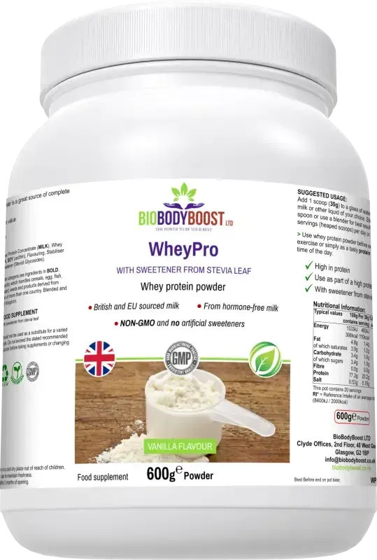 WheyPro Vanilla front-angle view — smooth vanilla flavour whey protein for daily muscle support, BioBodyBoost UK