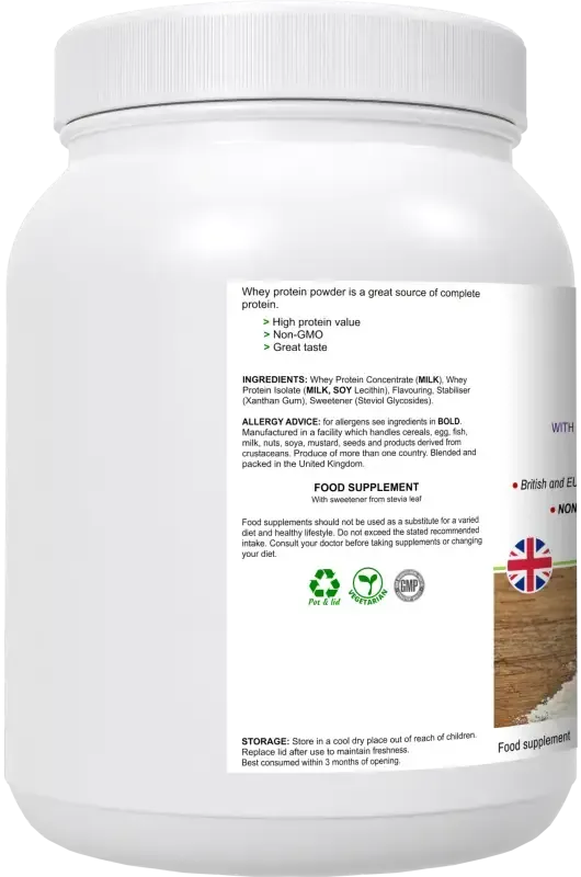 WheyPro Vanilla angled view — high-quality whey protein powder for muscle growth and post-workout recovery, BioBodyBoost UK