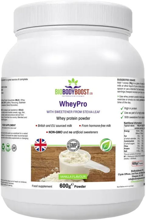 WheyPro Vanilla Whey Protein Powder — premium whey concentrate rich in essential amino acids for muscle building, BioBodyBoost UK