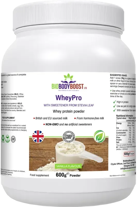 WheyPro Vanilla Whey Protein Powder — premium whey concentrate rich in essential amino acids for muscle building, BioBodyBoost UK