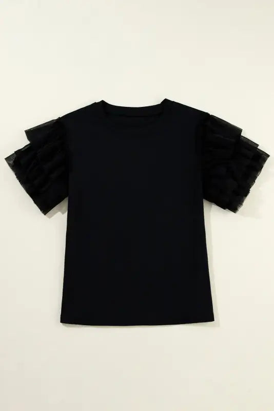 Whimsical wave blouse - black t-shirt with layered tulle sleeves for a relax relax style