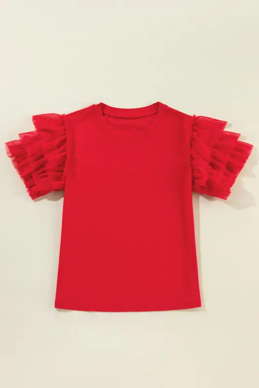 Whimsical wave blouse - red t-shirt with relax relax ruffled tulle sleeves