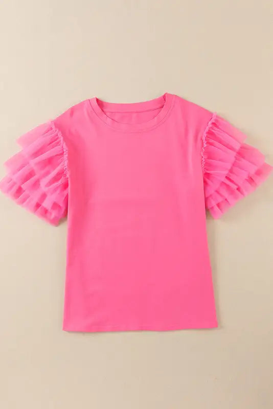 Whimsical wave blouse: bright pink t-shirt with ruffled tulle sleeves – perfect to relax relax