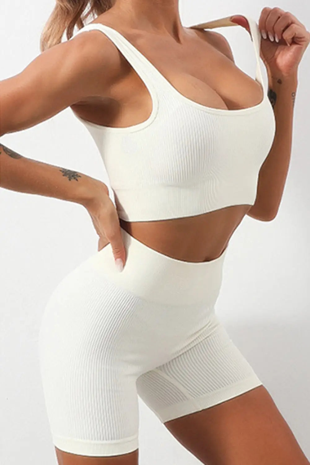 White 2pcs solid color ribbed knit yoga set - activewear