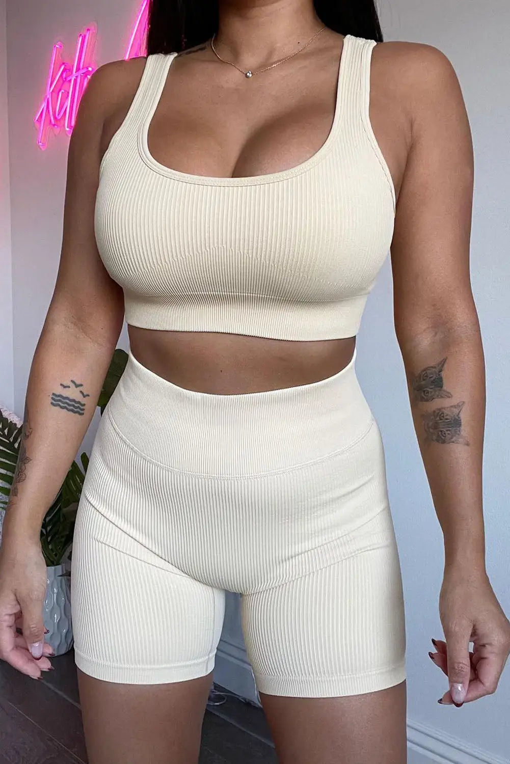 White 2pcs solid color ribbed knit yoga set - activewear