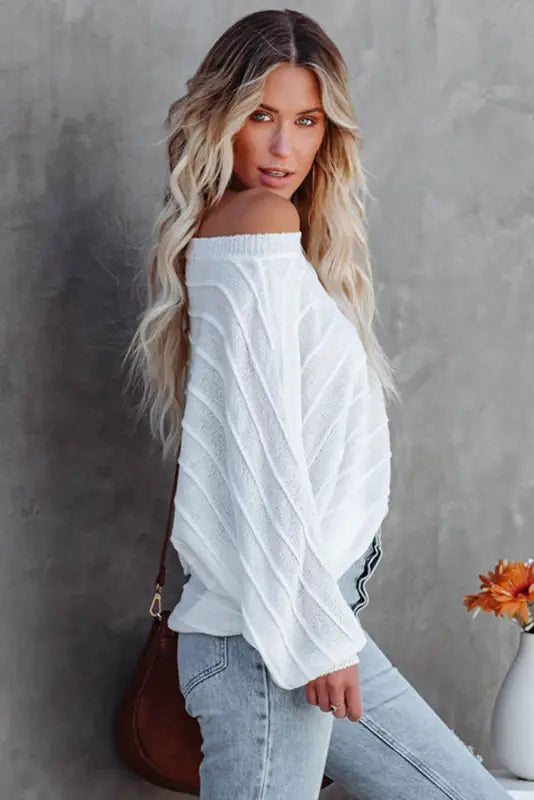 White 3/4 dolman sleeve rib knitted sweater - sweaters & cardigans