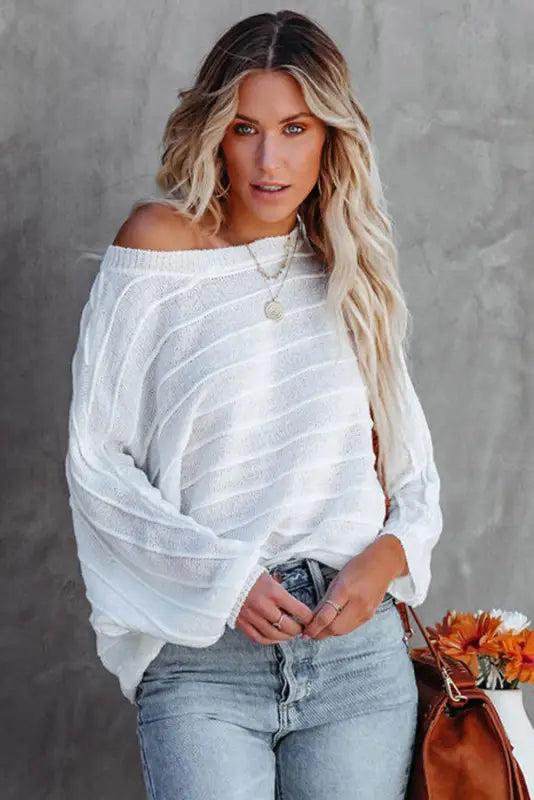 White 3/4 dolman sleeve rib knitted sweater - sweaters & cardigans