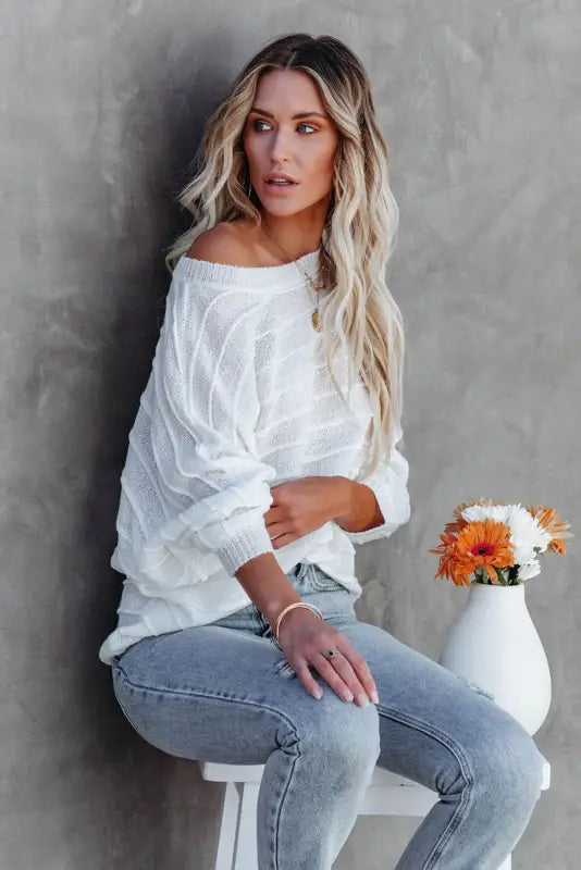 White 3/4 dolman sleeve rib knitted sweater - sweaters & cardigans