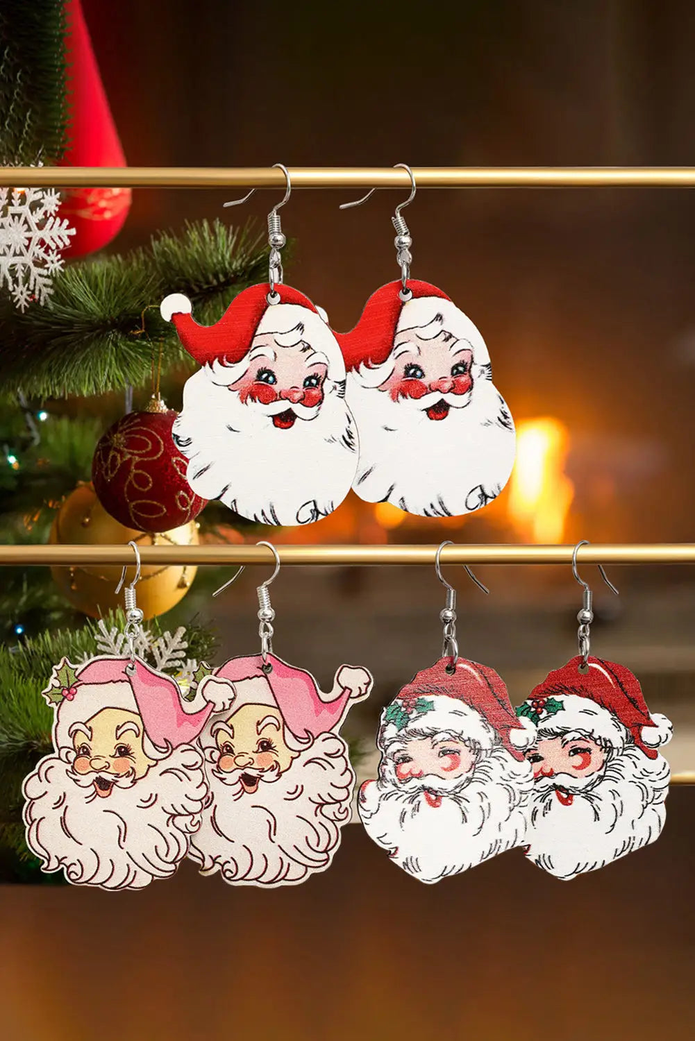 White 3 pairs christmas santa clause pendant hook earrings - one size / 100% wood - accessories
